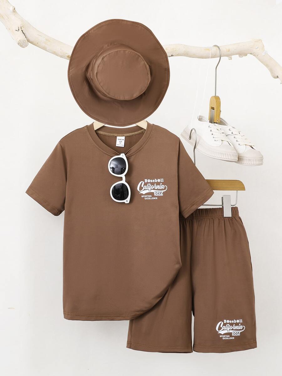 SHEIN Bộ hai mảnh Trai Lá thư Giải trí - màu nâu - Xem 1