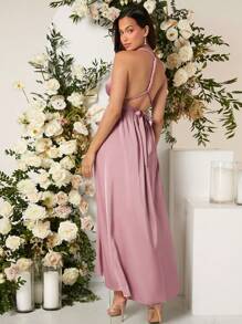 SHEIN Maternity Solid Open Back Belted Satin Halter Dress - Dusty Pink - View 3