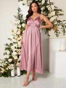 SHEIN Maternity Solid Open Back Belted Satin Halter Dress - Dusty Pink - View 4