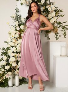 SHEIN Maternity Solid Open Back Belted Satin Halter Dress - Dusty Pink - View 1