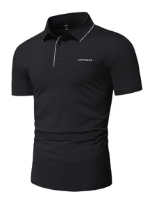 Manfinity Homme Men Letter Graphic Contrast Trim Polo Shirt - Black - View 1