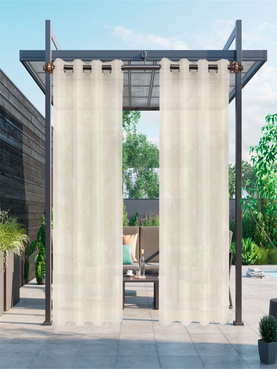 BONZER 1pc Solid Color Sheer Curtain, Minimalist Polyester Waterproof Sheer Curtain For Outdoor - Beige - View 1