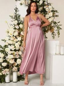 SHEIN Maternity Solid Open Back Belted Satin Halter Dress - Dusty Pink - View 6