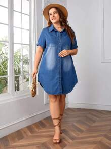 SHEIN Privé Plus Size Short Sleeve Denim Washed Jeans Dress - Medium Wash - View 1