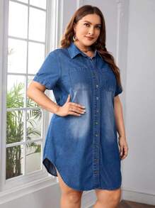 SHEIN Privé Plus Size Short Sleeve Denim Washed Jeans Dress - Medium Wash - View 5