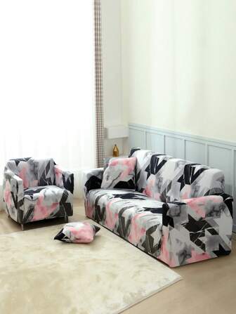 1pc Geometric Pattern Sofa Slipcover & 1pc Cushion Cover Without Filler