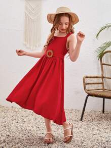 SHEIN Girls Solid Belted Cami Dress - Red - View 5
