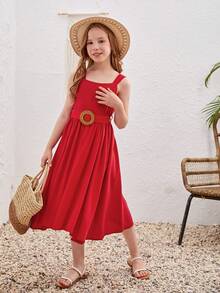 SHEIN Girls Solid Belted Cami Dress - Red - View 2