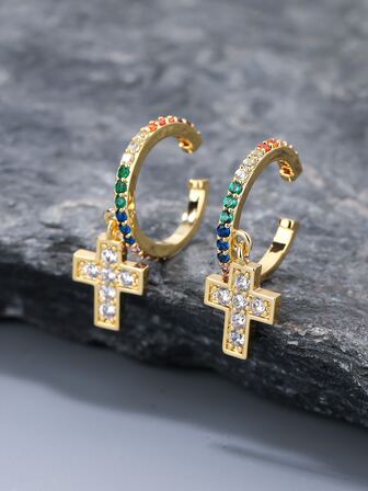 1對魅力四射方晶鋯石裝飾十字架吊墜耳環適用於女士適用於度假