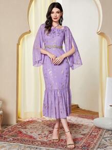 Modelyn Vestido con estampado floral dorado de manga con abertura bajo con fruncido sin cinturón - Morado - Ver 5