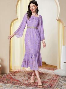 Modelyn Vestido con estampado floral dorado de manga con abertura bajo con fruncido sin cinturón - Morado - Ver 3