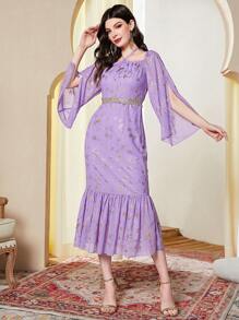 Modelyn Vestido con estampado floral dorado de manga con abertura bajo con fruncido sin cinturón - Morado - Ver 4