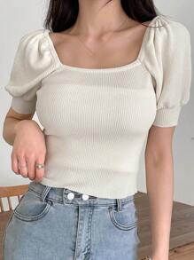 DAZY Top unicolor de manga farol tejido de canalé - Albaricoque - Ver 4