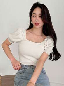 DAZY Top unicolor de manga farol tejido de canalé - Albaricoque - Ver 7