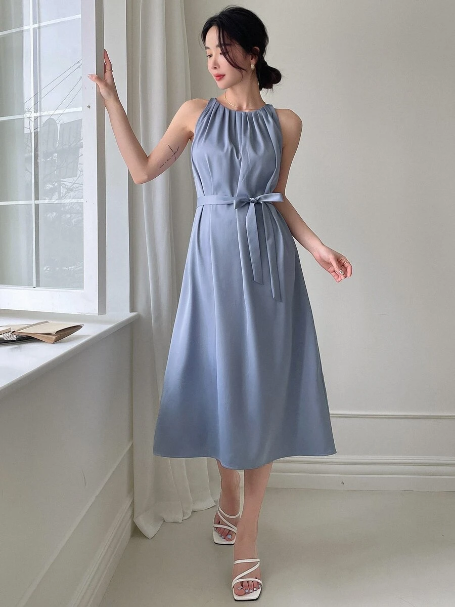 DAZY Vestido sin manga unicolor fruncido - Neblina azul - Ver 1