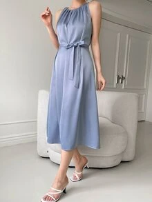 DAZY Vestido sin manga unicolor fruncido - Neblina azul - Ver 7