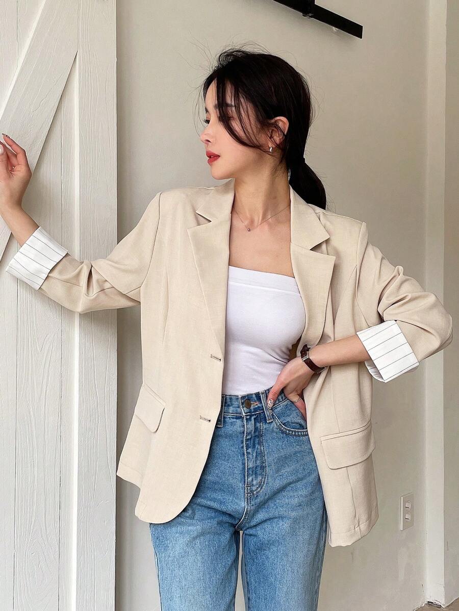 Blazer de solapa con detalle de solapa y un solo botón, atuendo de negocios - Albaricoque - Ver 1
