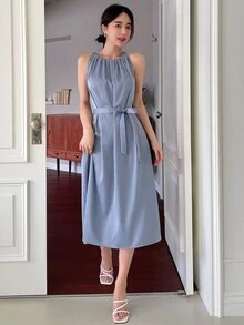 DAZY Vestido sin manga unicolor fruncido - Neblina azul - Ver 5