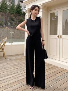 DAZY Solid Tank Top & Wide Leg Trousers - Black - View 3