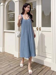 DAZY Chất rắn Ren Mộc nhĩ Váy Dây - Màu xanh lam - Xem 7
