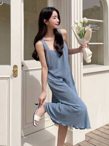 DAZY Chất rắn Ren Mộc nhĩ Váy Dây - Màu xanh lam - Xem 3