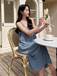 DAZY Chất rắn Ren Mộc nhĩ Váy Dây - Màu xanh lam - Xem 4