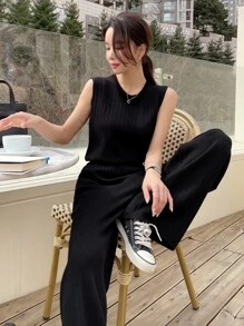 DAZY Solid Tank Top & Wide Leg Trousers - Black - View 9