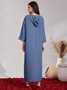 Al Najma Floral Tape Fringe Detail Contrast Piping Drop Shoulder Djellaba Kaftan Jalabiya Dress - Dusty Blue - View 3