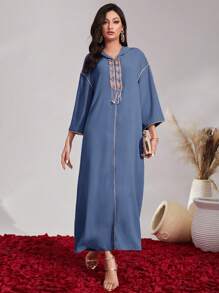 Al Najma Floral Tape Fringe Detail Contrast Piping Drop Shoulder Djellaba Kaftan Jalabiya Dress - Dusty Blue - View 5