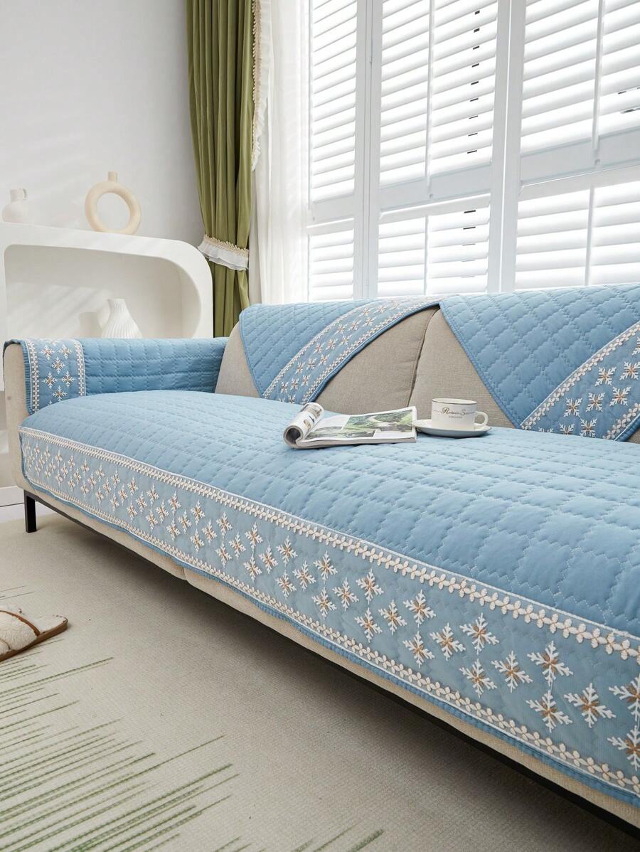 1入組花卉刺繡沙發巾 - 淺藍色 - 查看 1