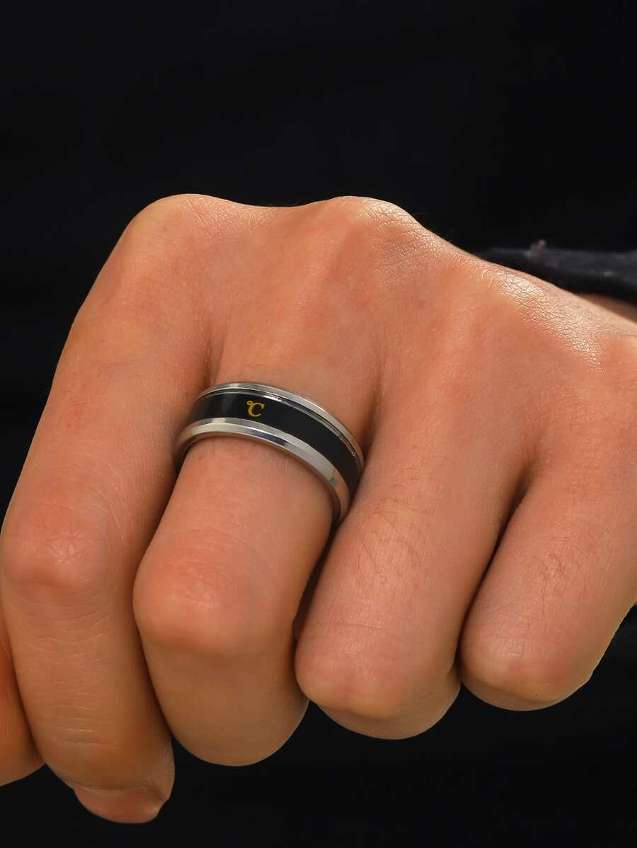 Hombres Anillo de dos tonos con estampado de letra - Plateado - Ver 1