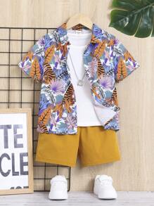 SHEIN Toddler Boys Tropical & Tiger Print Shirt & Shorts Without Tee - Multicolor - View 1