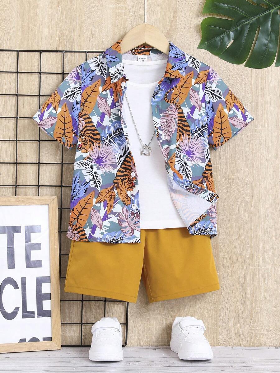 SHEIN Toddler Boys Tropical & Tiger Print Shirt & Shorts Without Tee - Multicolor - View 1