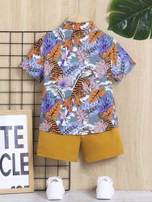 SHEIN Toddler Boys Tropical & Tiger Print Shirt & Shorts Without Tee - Multicolor - View 2