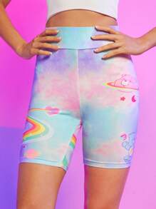 SHEIN X Care Bears 紮染熊和心形圖案騎行褲 - 彩色 - 查看 1