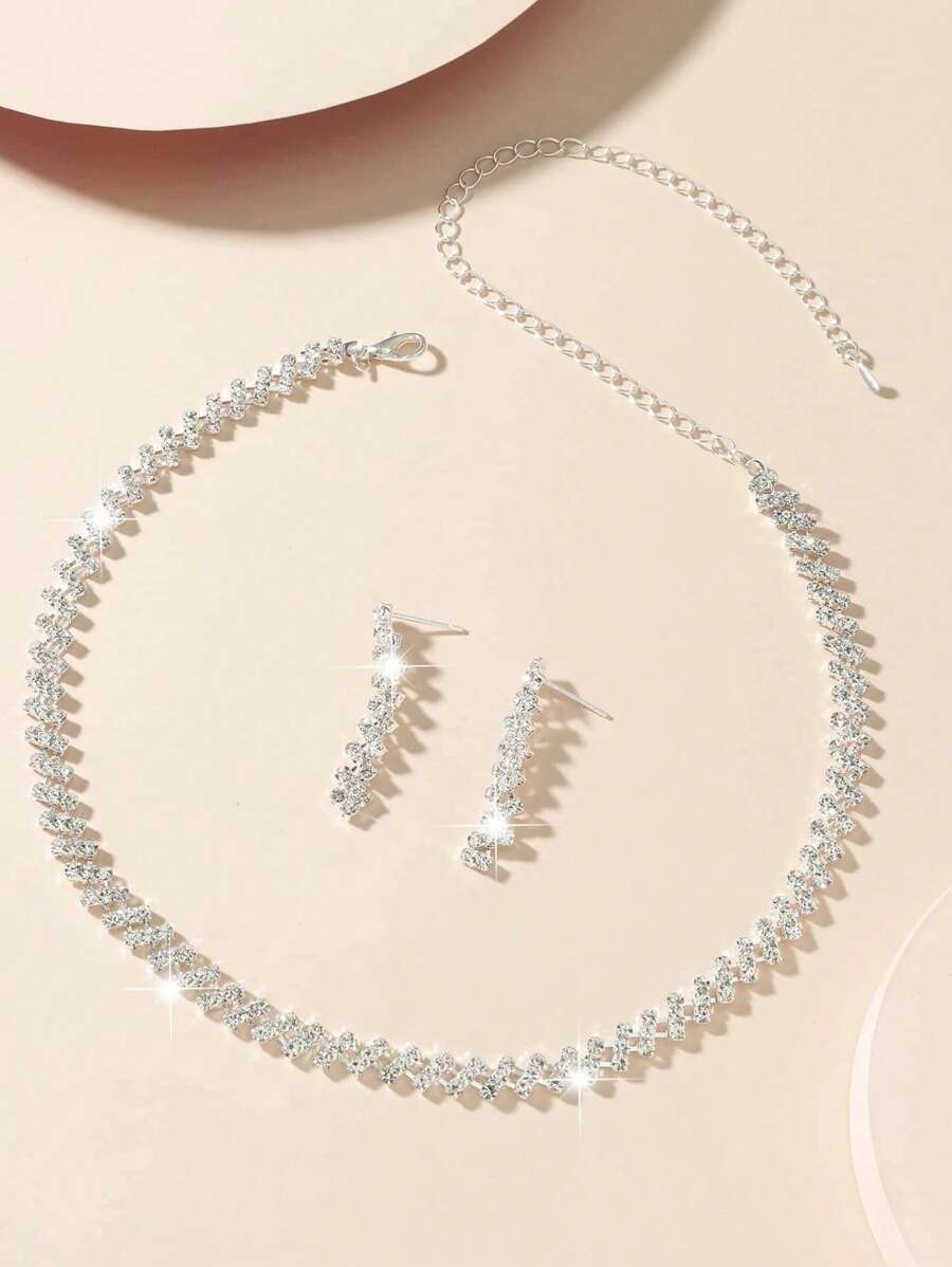 3入組/套奢華鋅合金水鑽裝飾首飾套裝適用於女士日常裝飾 - 銀色 - 查看 1