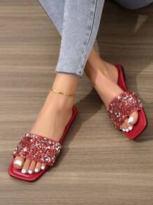 Women Rhinestone Decor Flat Sandals, Glamorous Red Summer Slide Sandals - Red - View 1