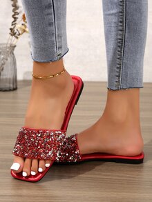 Women Rhinestone Decor Flat Sandals, Glamorous Red Summer Slide Sandals - Red - View 2