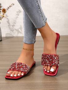Women Rhinestone Decor Flat Sandals, Glamorous Red Summer Slide Sandals - Red - View 4