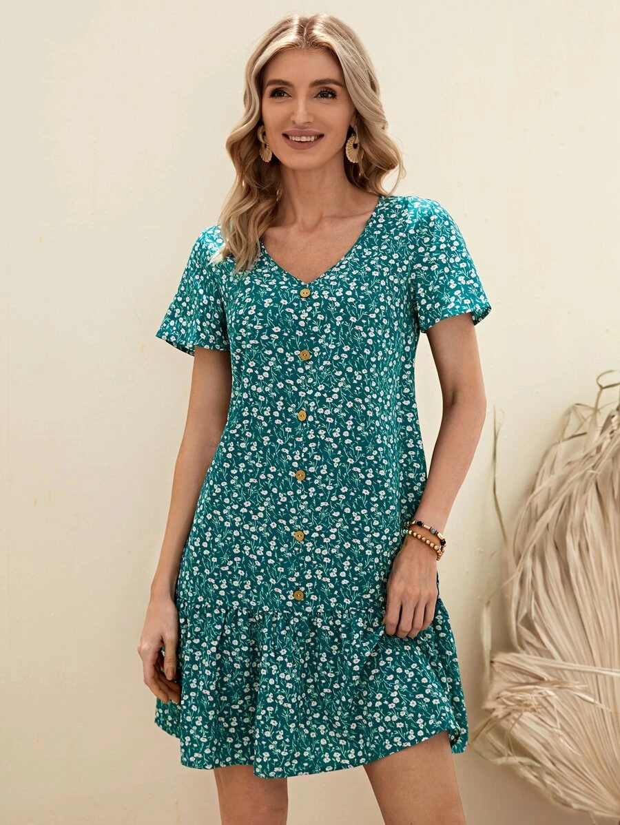 EMERY ROSE 碎花前紐扣娃娃裙 - 彩色 - 查看 1