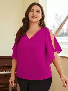 SHEIN Clasi Plus Solid Split Sleeve V Neck Blouse - Red Violet - View 4