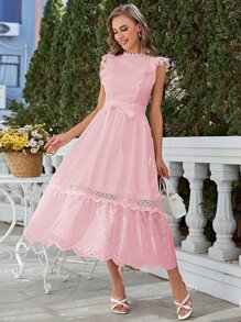 Simplee Đầm Thắt lưng Tương phản ren Viên lá sen màu trơn Giải trí - Hồng - Xem 1