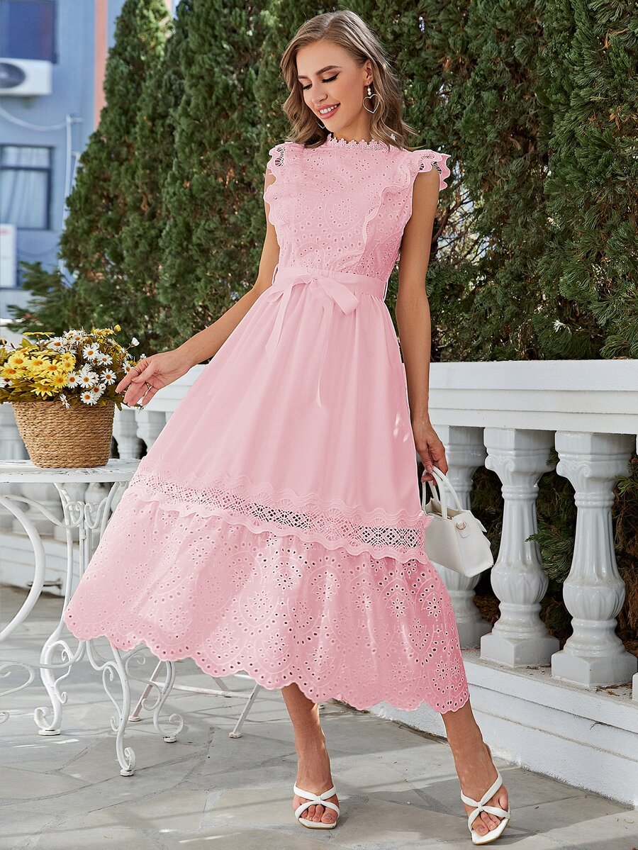 Simplee Đầm Thắt lưng Tương phản ren Viên lá sen màu trơn Giải trí - Hồng - Xem 1