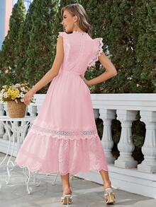 Simplee Đầm Thắt lưng Tương phản ren Viên lá sen màu trơn Giải trí - Hồng - Xem 2