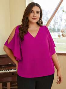 SHEIN Clasi Plus Solid Split Sleeve V Neck Blouse - Red Violet - View 7