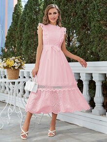 Simplee Đầm Thắt lưng Tương phản ren Viên lá sen màu trơn Giải trí - Hồng - Xem 4