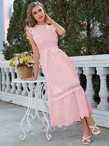 Simplee Đầm Thắt lưng Tương phản ren Viên lá sen màu trơn Giải trí - Hồng - Xem 5