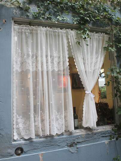 1pc White Lace Flower Sheer Curtain, Simple Polyester Fiber Translucent Window Drape, Romantic Chic, Multi-Size, Suitable For Living Room, Bedroom, Kitchen, Curtain Decor
