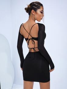 SHEIN ICON 鏤空前打結緊身洋裝帶前胸敞開短上衣 - 黑色 - 查看 6