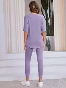 SHEIN LUNE 落肩袖下擺開叉T恤和緊身褲 - 紫丁香色 - 查看 2